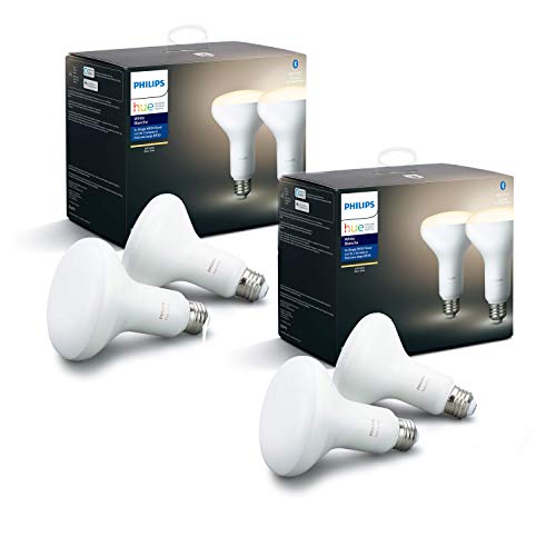Philips Hue White 4-Pack 2700K Smart BR30 Bulbs with Bluetooth & Zigbee compatible (Hue Hub Optional, Dimmable Only), for recessed cans and downlights, Compatible with Alexa & Google Assistant