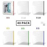 Binditek 40 Pack Plastic Zippered Binder Pockets, 3-Hole Punched for 3 Ring Binder, Clear PVC with Multicolor Zippers, Waterproof Loose Leaf Bag Pouch for Document Filing and Storage