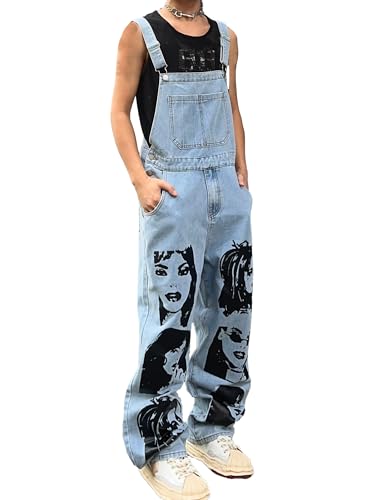 DFGIGT Mens Womens Baggy Denim Bib Overalls Face Funny Graphic Y2k Wide Leg Jean Jumpsuit with Pockets Cute Pattern Colorful Painted Print Casual Straight Loose Relaxed Fit Hip Hop,A Blue,X-Large