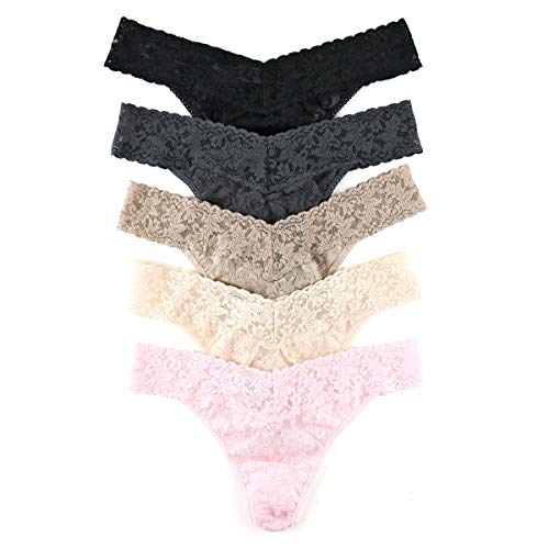 hanky panky - Signature Lace Original Rise Thongs for Women (5 pack) | One Size fits 4-14 | Vanilla/Bliss Pink/Taupe/Black/Granite | No VPL, Soft Nylon Stretchy Lace, Underwear Panties