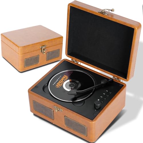 RetroBeat Time Vintage Portable Music Box – CD & Record Player with Speakers, Bluetooth Transmitter, Rechargeable, USB/AUX, Multi‑Mode Gift(Brown)