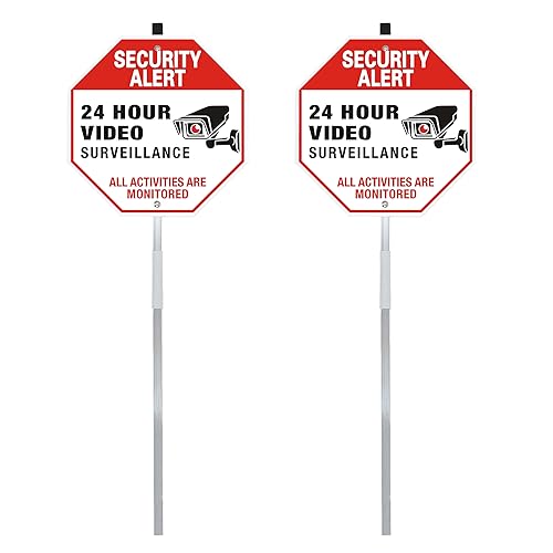 Security Alert 24 Hour Video Surveillance Sign All Activities Are Monitored, Rustproof Aluminum Yard Sign with Stake, Reflective Metal Sign, CCTV Warning Sign Outdoor, Red, 10 x 10 inch, 2 Pcs