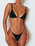 Women's Sexy Micro Thong Bikini Bottom Padded Top Triangle Bikini Bathing Suit(S, Black)