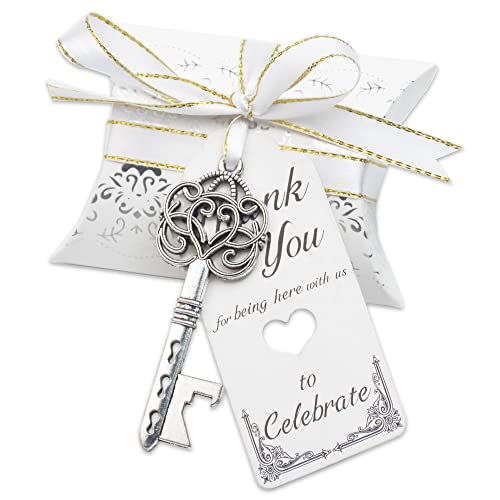Aokbean 50pcs Vintage Skeleton Key Bottle Openers Wedding Favors Souvenir Gift Set for Guests Pillow Candy Box Escort Thank You Tag French Ribbon (Antique Silver 1)