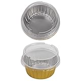 DEAYOU 100-Pack Aluminum Foil Baking Cups with Lids, 5oz Disposable Muffin Cupcake Ramekins, 3" Recyclable Cupcake Foil Liners Mini Tart Pie Tin Pan Holder for Souffle, Pudding, Party, Wedding, Gold