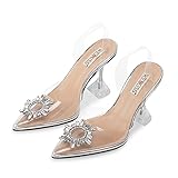 wetkiss Women's Clear Heels Shoes, Transparent PVC Crystal Rhinestones Slingback Wedding Pointed Toe High Heel Sandals for Women Ladies Female -Sliver Sunflower 3.94"