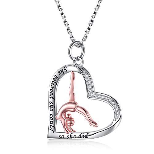APOTIE Gymnastics Necklace for Granddaughter 925 Sterling Silver Rose Gold Team USA Flipping Gymnasts Heart Pendant Jewelry Gymnastic Gifts for Women(02 CZ Gymnastics Necklace)
