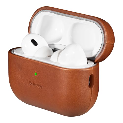 Belemay for AirPods Pro 2nd Generation Case, Compatible with MagSafe and Wireless Charging, Luxury Full-Grain Smooth Leather, Unique Patina, Comfort Grip, Compatible with Airpods Pro 2, Brown