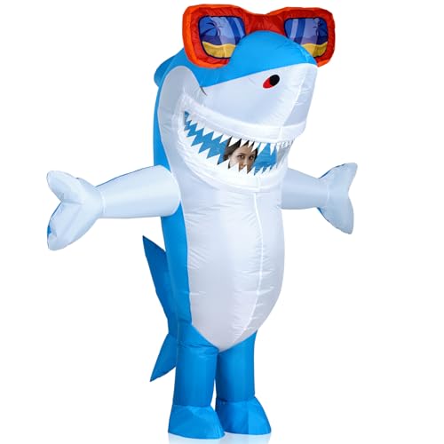 Foaincore Inflatable Shark Costumes for Adult Halloween Costumes Shark Air Blow up Costume Party(63-78.7 Inch,Blue)