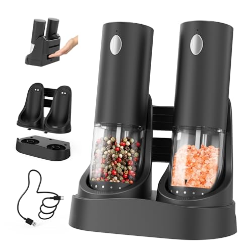 CIRCLE JOY Electric Salt and Pepper Grinder Set Automatic Salt and Pepper Grinder Set with Easy-to-Carry Charging Base and LED Light, Adjustable Coarseness, USB Rechargeable, Washable Container, Black