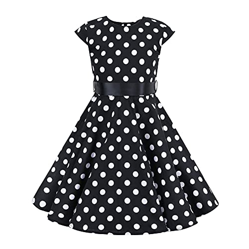 Kids Girls Cap Sleeve Vintage Polka Dot 50's Swing Dress 1950s Retro Audrey Hepburn Rockablilly Summer Casual A-line Dress Bow Tie Party Wedding Prom Cocktail Dress Dance Gown Black Polka 9-10 Years