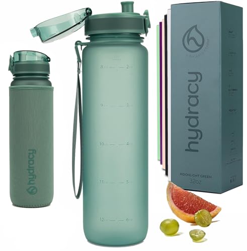 Hydracy Water Bottle with Time Marker -Large 32 oz BPA Free Bottle & No Sweat Sleeve -Leak Proof Gym Bottle with Fruit Infuser Strainer & Times to Drink -Ideal for Fitness Sports & Outdoors