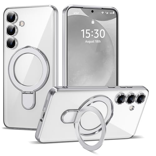 ETPESOK Compatible with Samsung Galaxy S24 Plus Case with Magnetic Ring Stand [Compatible with Mag-Safe] [Full Camera Lens Protector] Plating Clear Phone Case for Samsung S24 Plus 6.7", Silver