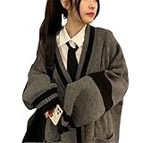 Women's Harajuku Korean Style Loose V-Neck Button Knit Cardigan Preppy Jacket Gray