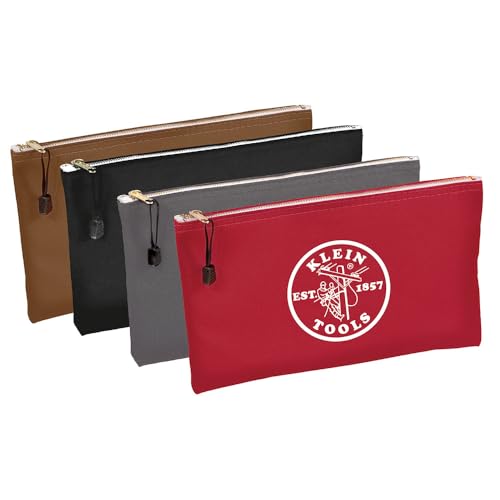 Klein Tools 5141 Zipper Tool Bag, Tool Pouch, Bank Deposit Canvas Utility Bag, 12.5 x 7-Inch, Brown/Black/Gray/Red 4-Pack