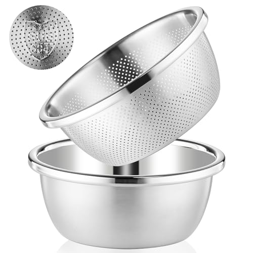 POPGRADE 304 Stainless Steel Colander 5QT Microporous Colander & Large Bowl for Kitchen,Rice Strainer with Salad Mixing Bowl for Pasta Straining,Fruit Washing,Vegetable Draining,Food Mixing(2PCs)