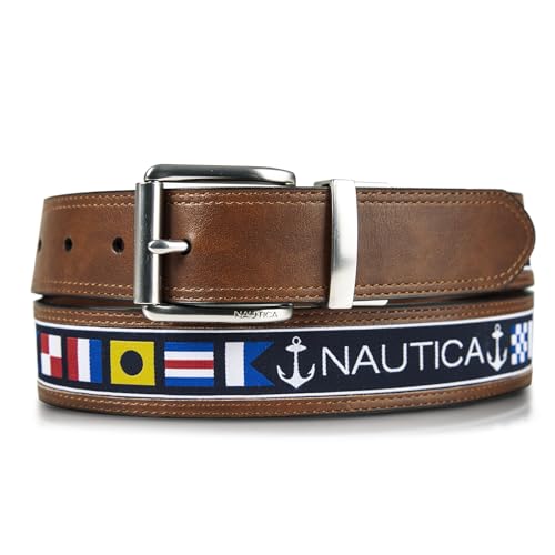 Nautica Mens Reversible Flag Canvas and Leather Belt | 2-in-1 | Classic | Everyday | Dress | Casual | Metal Buckle - Cognac, 38"