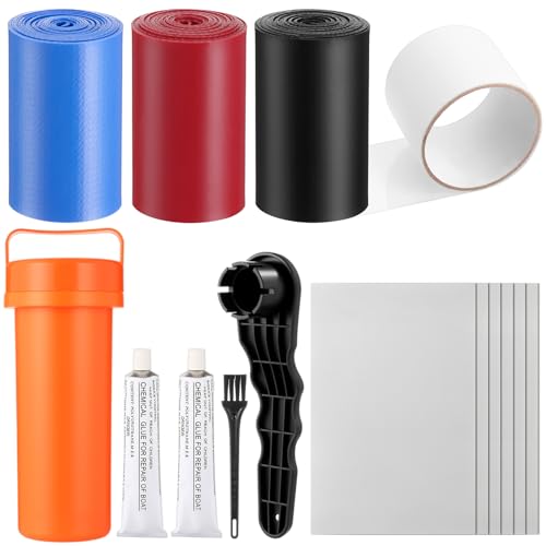 Fullhawl Inflatable Boat Repair Kit Pool Liner Patch Kit Include 6 Pcs and 3 Roll PVC Patch, 1 Clear TPU Repair Tape, 2 x 30 ml Glue, 1 Maintenance Barrel for Air Mattress Tent Swimming Ring Raft