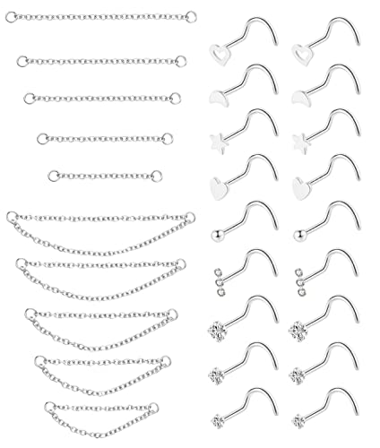 Masedy 20G Stainless Steel Nose Ring Stud Nose Ring Chain Piercing Across Double Nose Stud Heart Ball CZ Nose Studs Nostril Piercing Jewelry SS