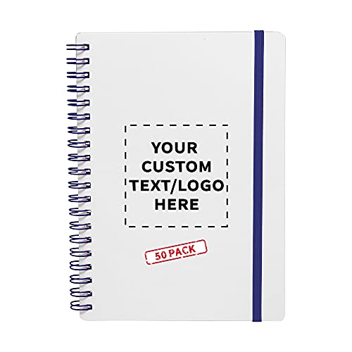 50 White Spiral Notebooks with Elastic Band Pack - Customizable Text, Logo - 80 lined pages, Recycled - Blue