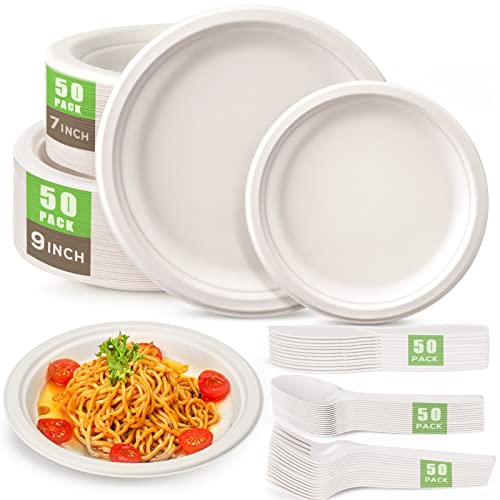 Gezond Compostable Paper Plates 250pcs Disposable Plates Heavy-Duty Paper Plates Biodegradable White Plates for Party Sugarcane Plates Cornstarch Forks Knives Spoons for 50 Guests