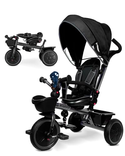 KRIDDO 7-in-1 Tricycle Stroller for Toddlers 18 Months to 5 Years, Adjustable Push Handle, Rotatable Seat, Cup Holder and Retractable Canopy, Folding Baby Trike w/Detachable Guardrail, Footrest, GY