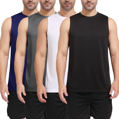 JOINGO Men's Workout Tank Top 3/4 Pack Quick Dry Fit Muscle Sleeveless Breathable T-Shirt for Gym Bodybuilding(Black/White/Grey/Blue)