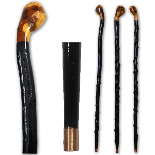 Imported Shillelagh Wooden Irish Walking Stick, Handcrafted 100% Blackthorn Wood Cane, Handles All Unique, Black High Gloss Lacquered, Made in Ireland 36"