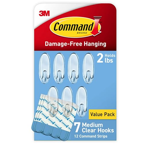 Command Medium Clear Wall Hooks, 7 Hooks and 12 Command Strips, Damage Free Hanging Wall Hooks with Adhesive Strips, Wall Hooks for Hanging Home Decor, Holds up to 2 lb