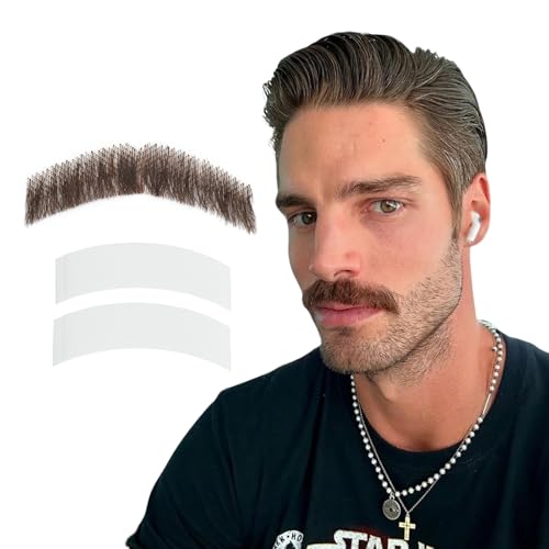 yilenta Realistic Fake Mustache, 100% Human Hair Handmade Fake Beard with Invisible Lace, Thick Straight Fake Moustache for Halloween/Cosplay/Party/Theater Costume (Brown)