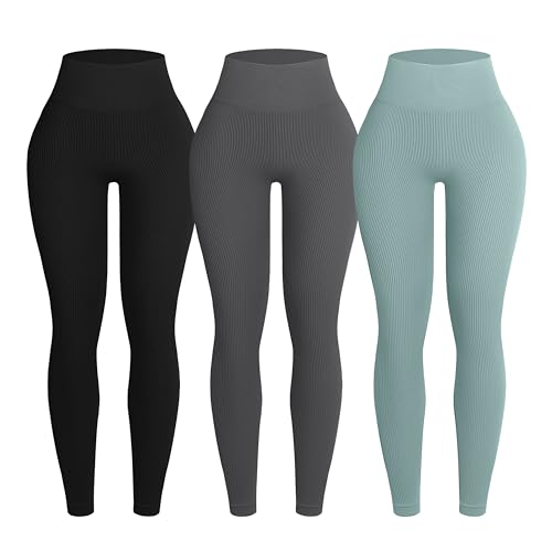 OVESPORT 3 Piece Ribbed Seamless Leggings for Women High Waist Workout Gym Athletic Yoga Pants