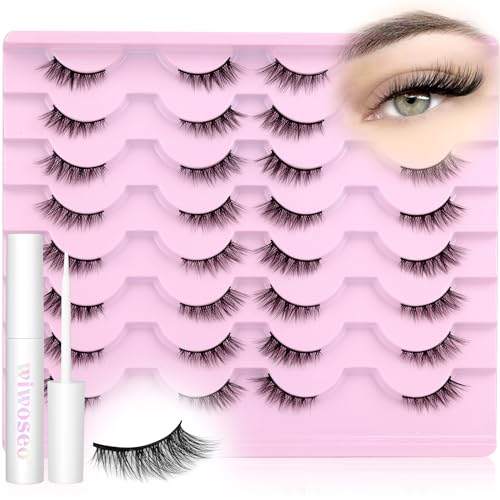 wiwoseo Half Lashes Natural Eyelashes with Glue Cat Eye Lashes Natural Look False Eyelashes with Lash Glue Pestañas Postizas Naturales Half Eyelashes Kit with Clear Eyelash Glue 16 Pairs