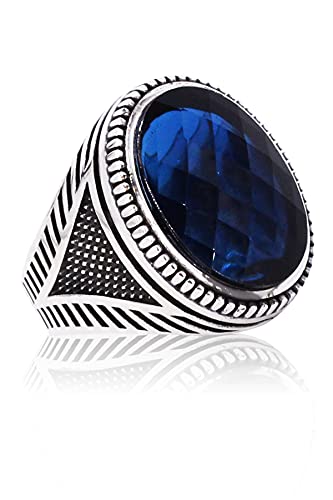 Geometric Detailed Oval Silver Ring. Handmade Vintage Statement Ring. Sterling Silver Jewelry for Men (created-sapphire, 8.5)