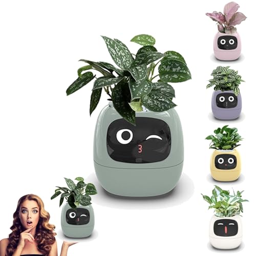 Smart Plant Pot with Expression, Electronic Bud, Maintenance Plant Assistant, Fun Interactive Flower Pot, AI Smart Planter Robot for Indoor Decoration, A Flowerpot That is Like a Pet (Green)