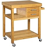 Home Aesthetics Rolling Kitchen Island Cart with Drawers Shelves, Towel Rack, Locking Casters, Butcher Block Food Prepping Cart Trolley on Wheels, Bamboo Wood