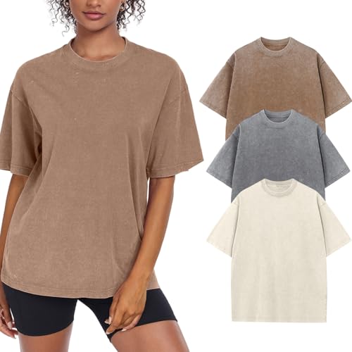 3 Pack Womens Washed Vintage Oversized T-Shirt Casual Baggy Streetwear Boyfriend Tee Workout Short Sleeve Cotton Tops(W-BGCFGY,m)