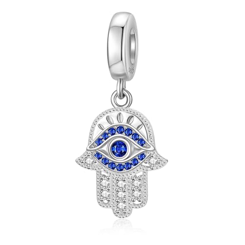 JIAYIQI 925 Sterling Silver Hamsa Hand Dangle Charm fit Pandora Charms Bracelet, Evil Eye Pendant Bead Compatible Moments Bracelets Jewelry for Women