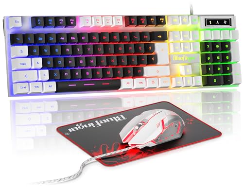 BlueFinger RGB Gaming Keyboard and Backlit Mouse Combo, USB Wired, LED Gaming Set for Laptop PC Computer Game and Work (White & Black)