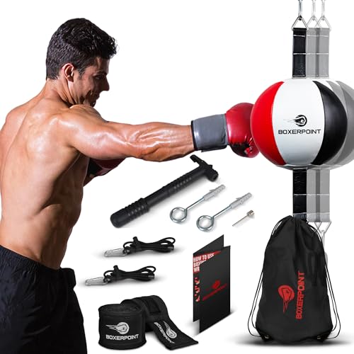 Boxerpoint Double End Boxing Bag - PU Leather Punching Bag with Adjustable Cords, Speed Training Equipment, Sphere Design for Adults & Kids - Boxing Equipment