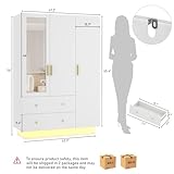 3 Doors Armoire Wardrobe Closet with Mirror, LED Armoire with Doors and Drawers, Wooden Armoire Storage Cabinet with Hanging Rod, Adjustable Shelves, White