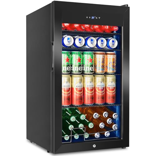 Beverage Refrigerator 126 Can, Mini Beverage Fridge Small Beverage Cooler with Glass Door Safety Lock, Drink Fridge for Beer Soda Wine, Perfect for Dorm Office Hotel