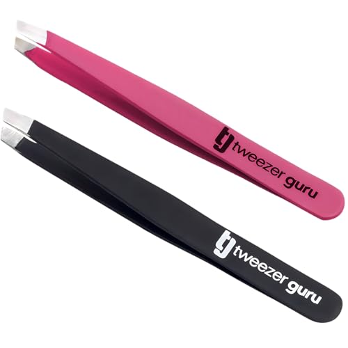 2-Pack Slant Tip Stainless Steel Tweezers for Eyebrows - Professional Precision Tweezing for Facial Hair