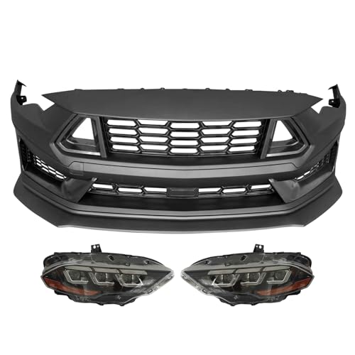 IKON MOTORSPORTS Front Bumper Covers, Compatible with 2018-2023 Ford Mustang EcoBoost GT, 2024+ Dark Horse HP Style Unpainted PP Replacement Conversion Bodykit With LED Headlights Lamp