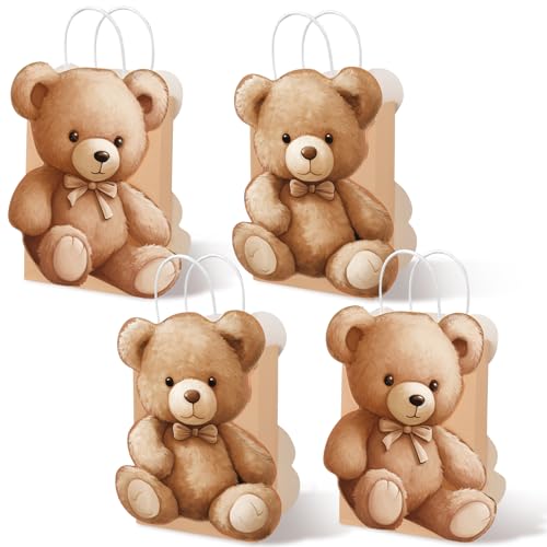 JarThenaAMCS 24Pcs Bear Paper Bag Brown Treat Bags with Handles Candy Goodie Bags for Birthday Baby Shower Party Favors Supplies
