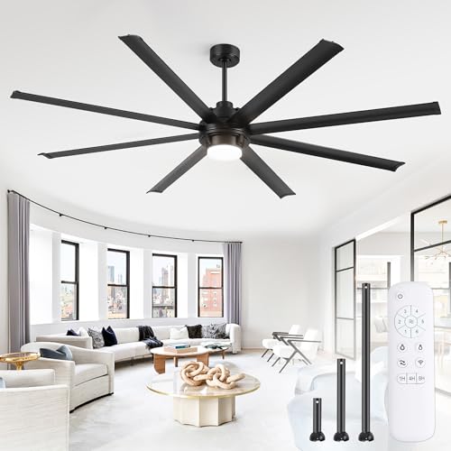 Fanbulous 84 inch Large Ceiling Fan Outdoor Industrial Ceiling Fan with Light and Remote, 6-Speed, 3CCT, 8 Aluminum Blades, Modern Black Big Assed Ceiling Fans for Patios Garage Shop Porch Indoor