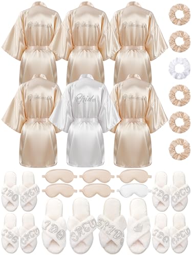 Bonuci 24 Pcs Bride Bridesmaid Robe Slipper Sets for Wedding Bridal Party Women with Robes Slippers Eye Mask Hair Scrunchies(White, Champagne)