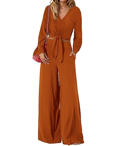 PRETTYGARDEN Women's 2 Piece Outfits 2025 Fall Fashion V Neck Long Sleeve Strappy Crop Top Wide Leg Pant Lounge Sets(Brown Orange,Medium)