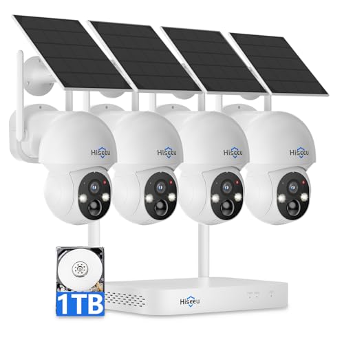 Hiseeu Solar Camera Wireless Outdoor, Home Security Camera System, 2.4G & 5G WiFi, Solar-Powered 4MP 4 Cam-Kit, Color Night Vision, 360° View, Pan & Tilt, 1TB HDD Local Recording, No Subscription