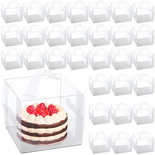 32 Pcs Clear Cake Box Transparent Bakery Boxes Plastic Cake Carrier with Lid and Handle Transparent Food Cupcake Container for Wedding Birthday(6 x 6 x 5 Inch,Classic Style)
