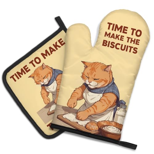 DYJYBMY Time to Make The Biscuits Funny Cat Oven Mitts and Pot Holder Set, Cute Kitchen Gadgets for Women Cat Lover, Housewarming Gifts for Hostess Cat Mom, Bake Lover Gifts for Mom Wife Sister BFF